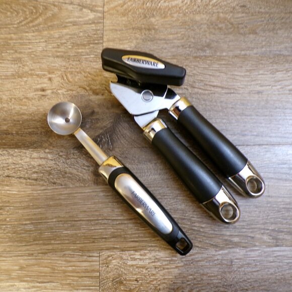 FARBERWARE Lot of 2: Can Opener & 1-1/4" Baller w/Black Handles & Chrome - Picture 1 of 12